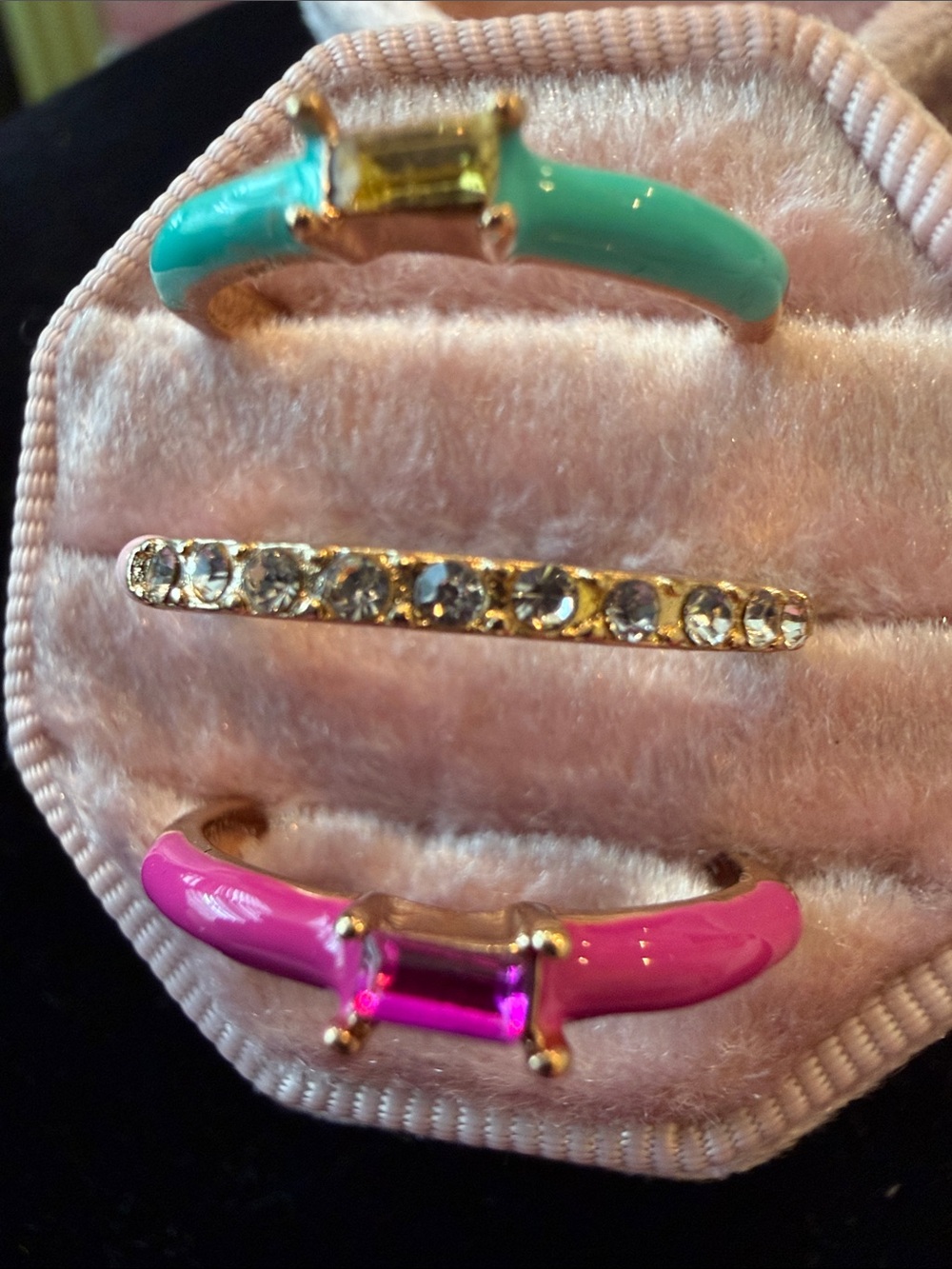 Colorblock Enamel Ring Trio — Pink, Turquoise & Clear Crystal